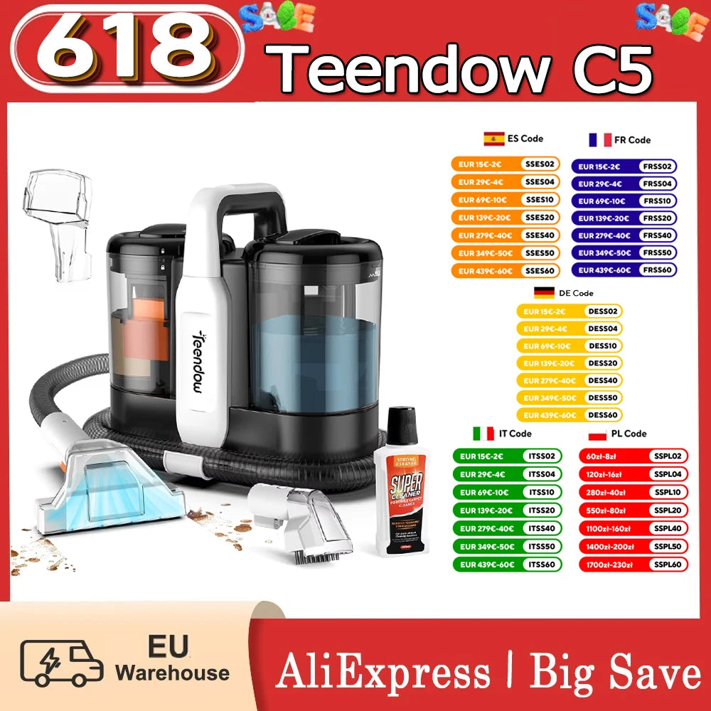 Teendow C5 Carpet Cleaner Vacuum 11KPa Powerful Suction 450W Brush motor ≤80dB Low Noise 1500ml Large Water Tank Capacity