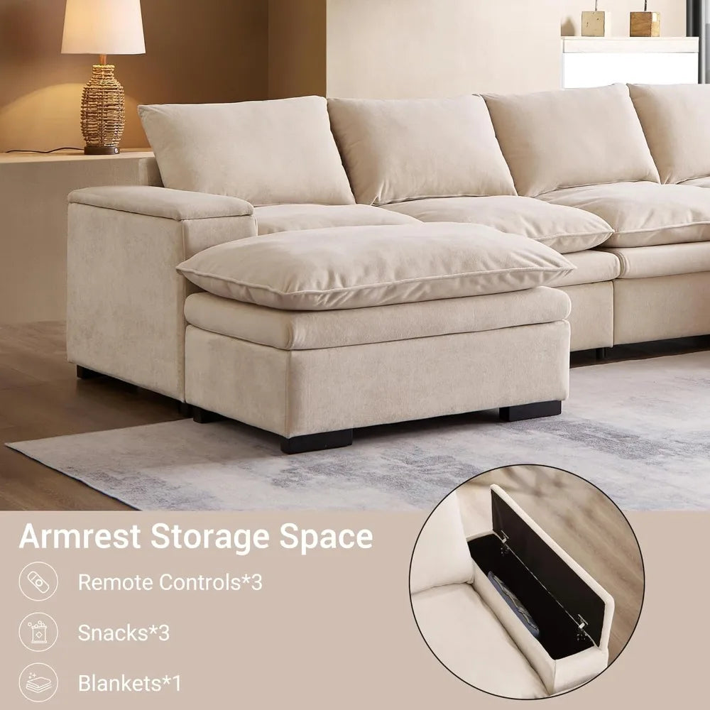 122″ Oversized Modular Sectional Sofa with Movable Ottoman, 6-Seat Deep Seat Sofa with Armrest Storage, Convertible U Shaped