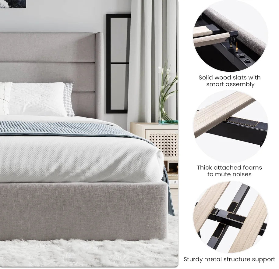King Size Lift Up Storage Bed/Modern Wingback Headboard/Upholstered Platform Bed Frame/Hydraulic Storage/No Box Spring Needed/Wo