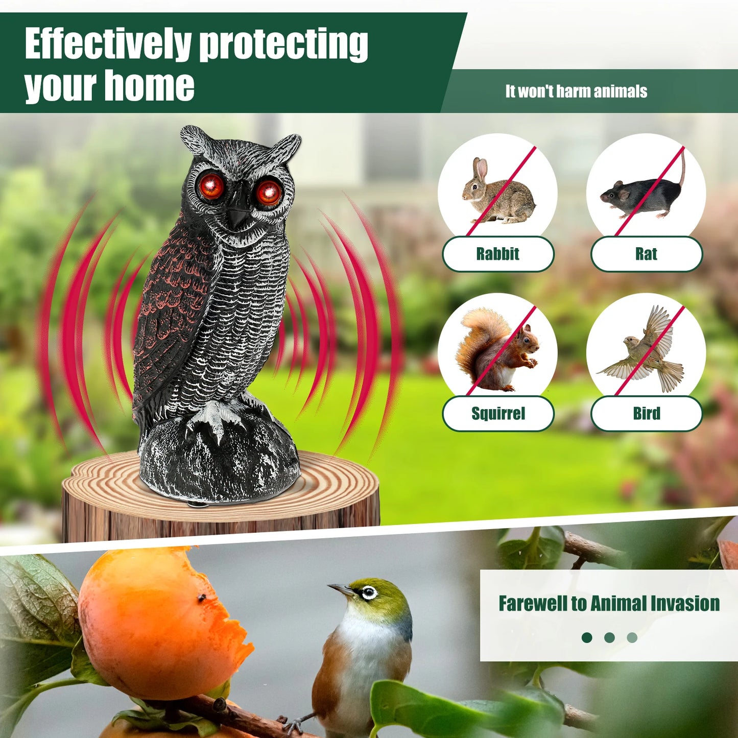 New Solar Owl Scare Bird Control Devices Waterproof Garden Fake Owl Deterrent Decoration With Scary Sound and Eyes Emit Light