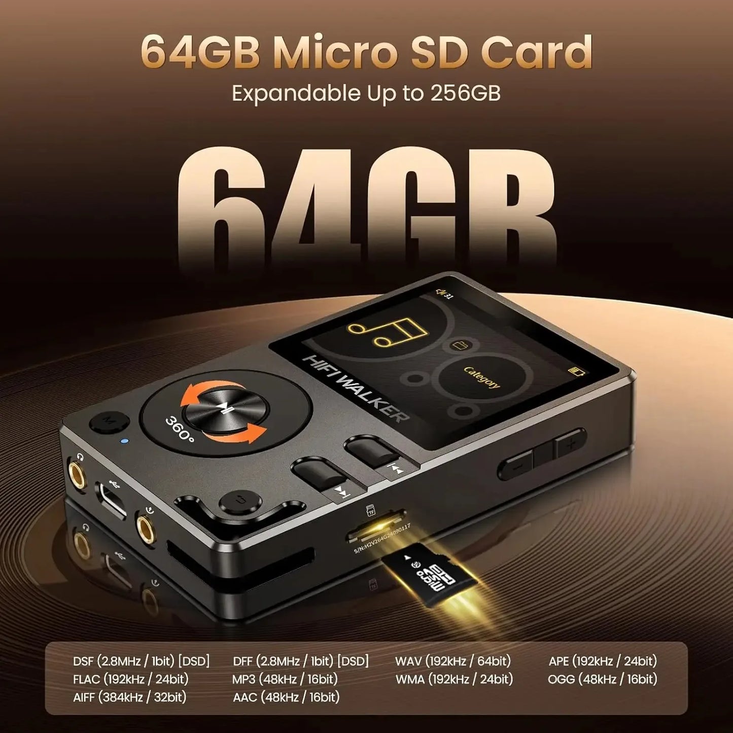 Hifi Walker H2 Hi-Res MP3 Music Player Bluetooth with 64GB SD Card DSD FLAC USB Portable Digital Audio Player