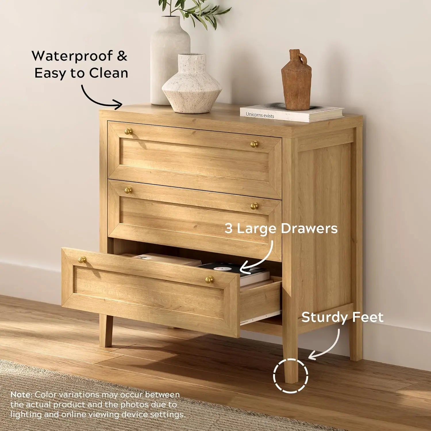 3 Drawer Dresser Set of 2 for Bedroom, Modern Chest of Drawers with Golden Handles, Wood Tall Nightstand,Natural Oak