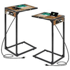 Set of 2 C-Shaped End Tables w/ Charging Station | USB & Outlets | Slide-Under Couch Design for Living Room/Bedroom | Black