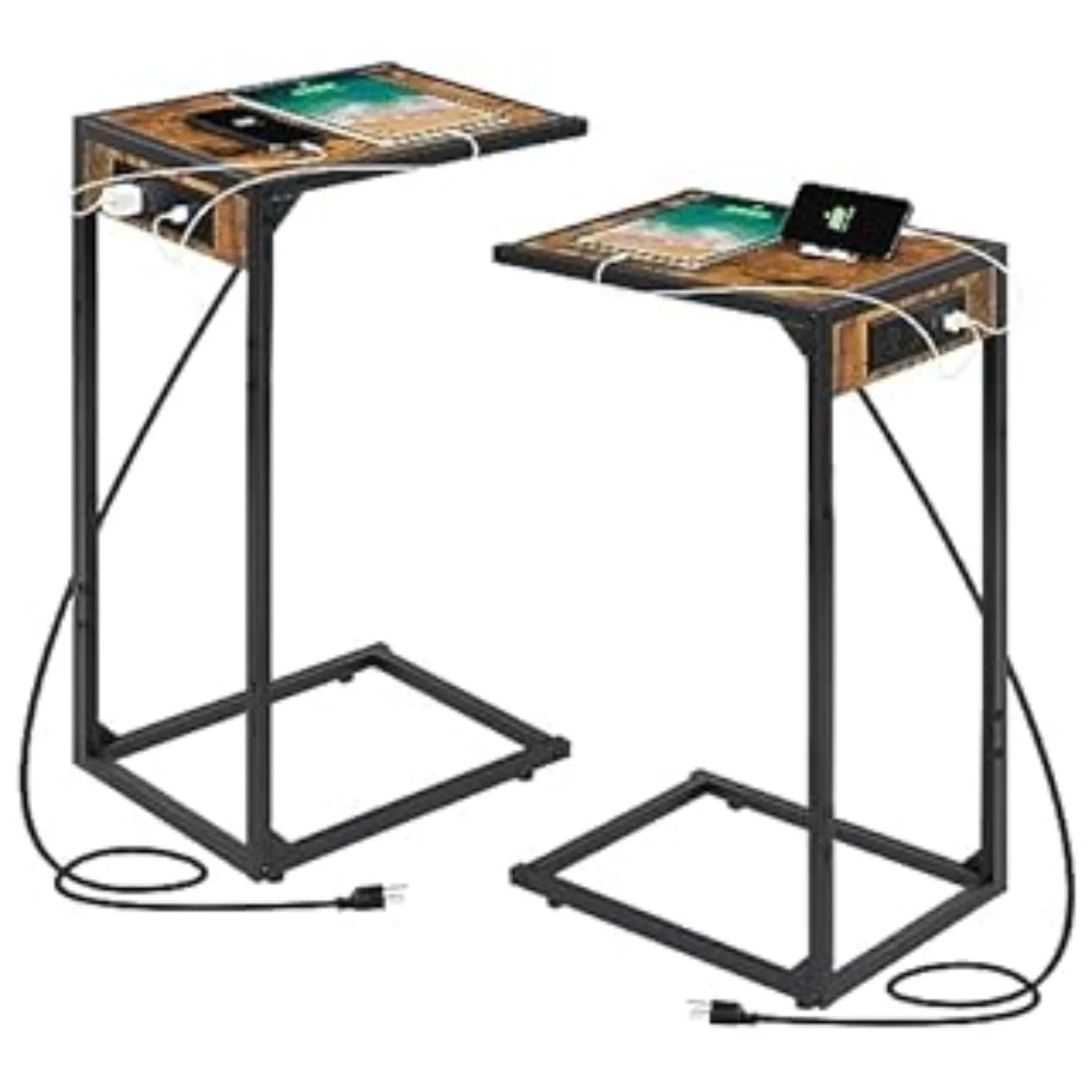Set of 2 C-Shaped End Tables w/ Charging Station | USB & Outlets | Slide-Under Couch Design for Living Room/Bedroom | Black
