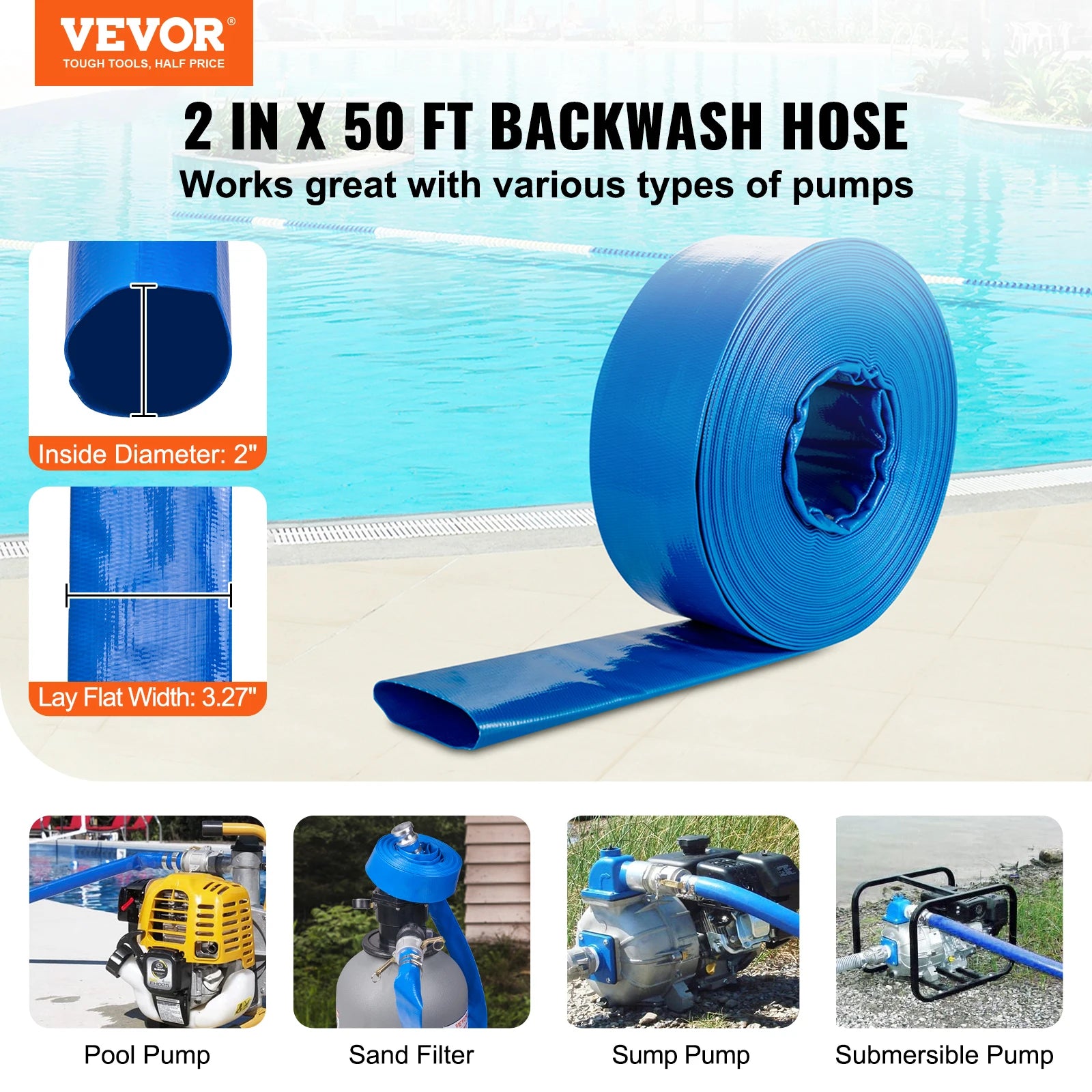 VEVOR Pool Drain Hose 2 inch by 50ft Durable PVC Material Includes Clamps, Fits Pumps&Sand Filters, Ideal for Pool Water Removal