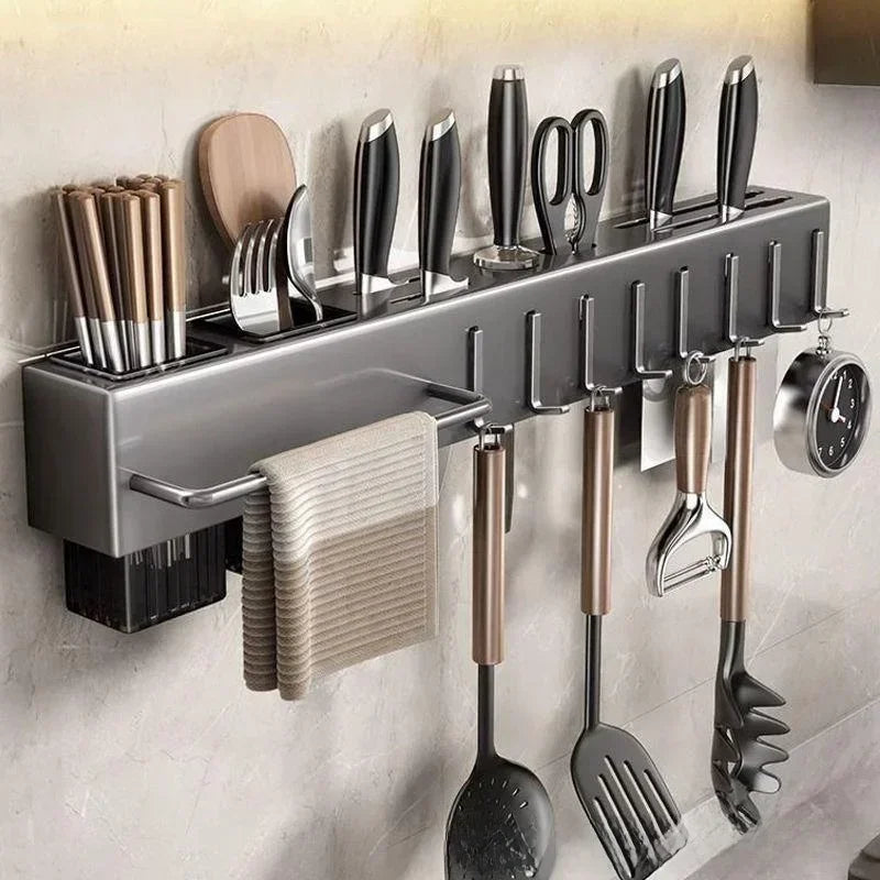 Kitchen Cookware Storage Rack Stainless Steel Multi-functional Non-punching Rack Chopstick Cylinder Wall-mounted Knife Holder
