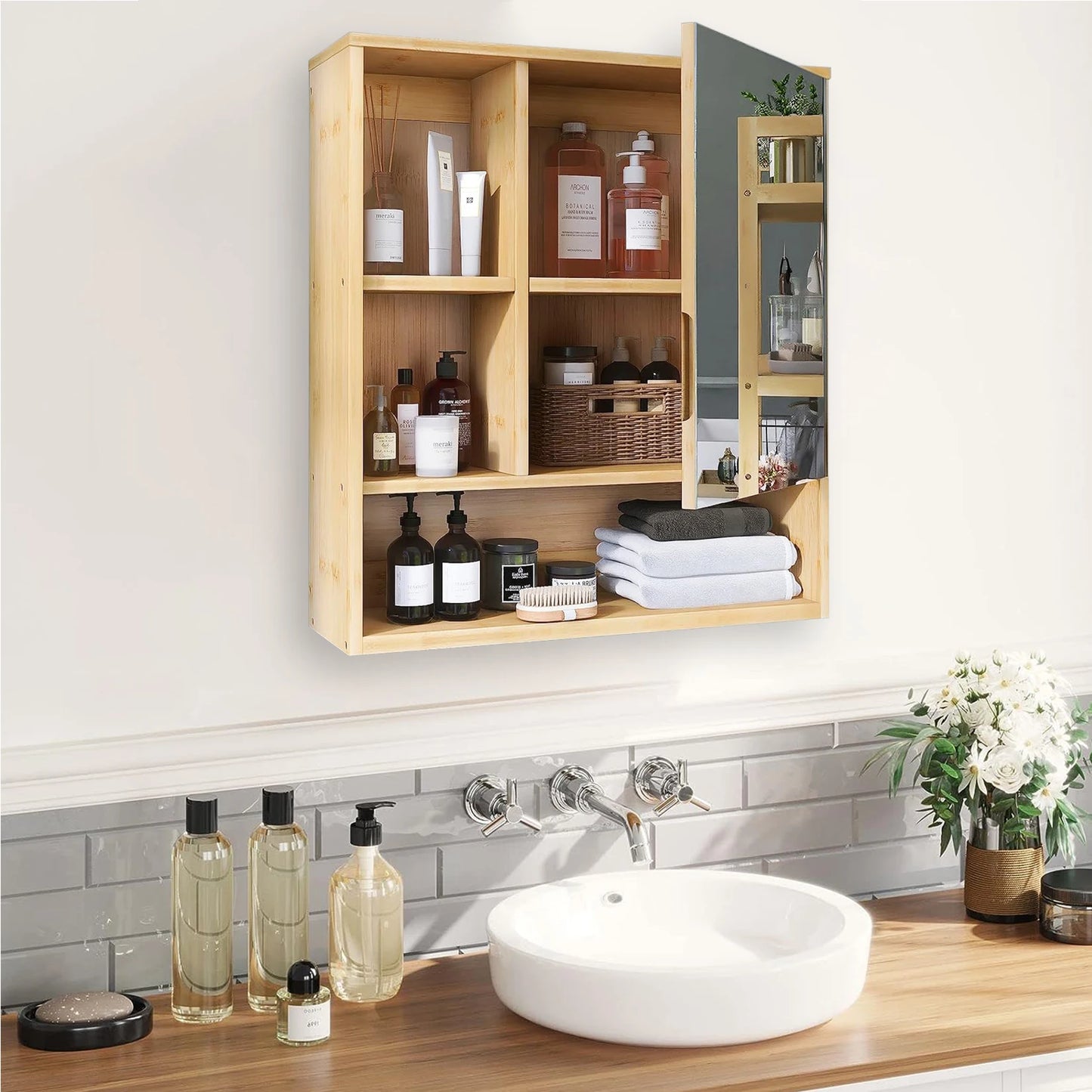 Wall Medicine Cabinet Natural Bamboo Bathroom Storage Cabinet with Mirror