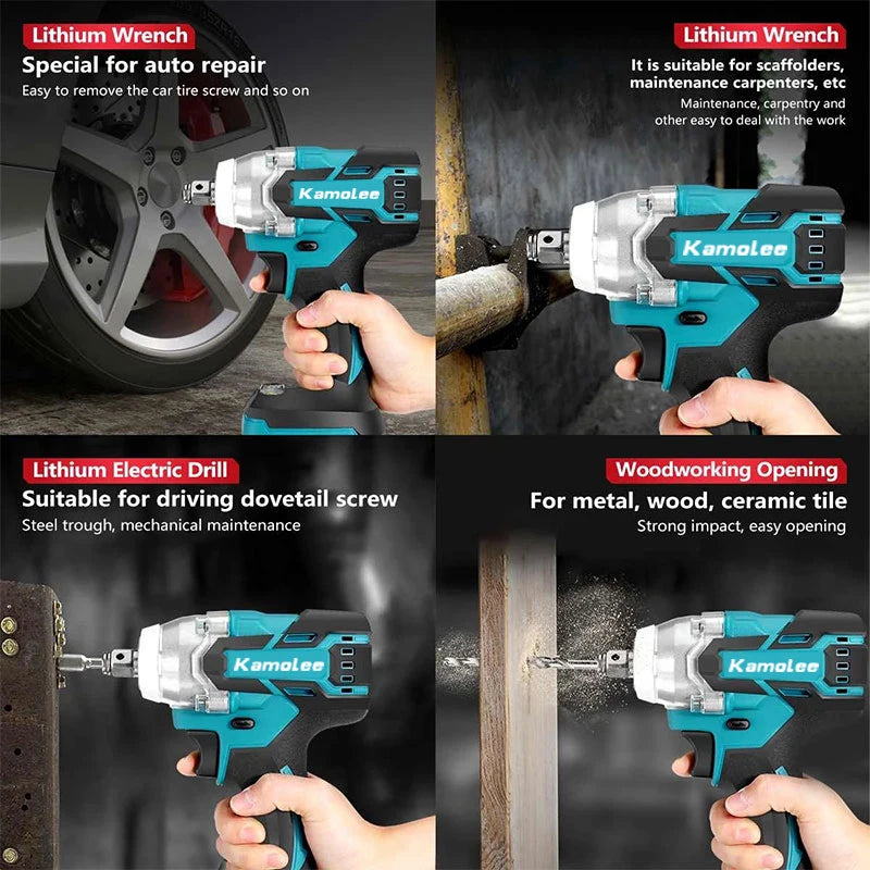Kamolee 520N.m Brushless Electric Impact Wrench 1/2 and 1/4 Inch Household Wireless Charging Small 18V Battery Wrench Tool