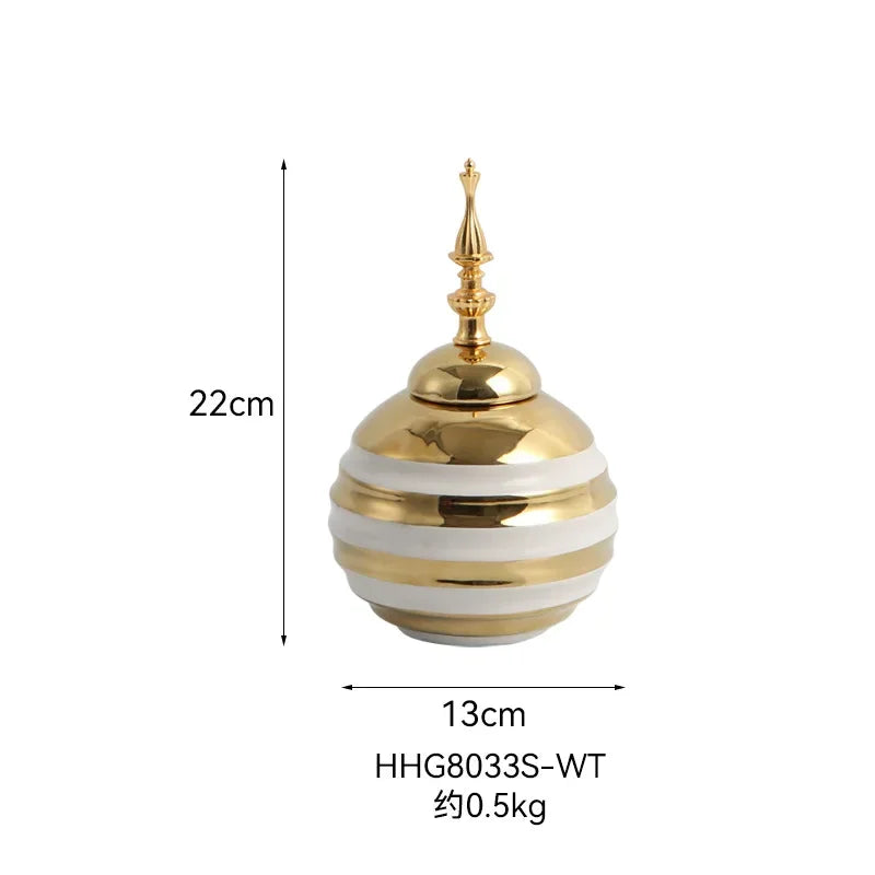 Gold Ceramic Vase Ginger Jar Storage Jar Vintage Porcelain Vase Peaked Lid Storage Tank Flower Vase Dining Table Home Decoration