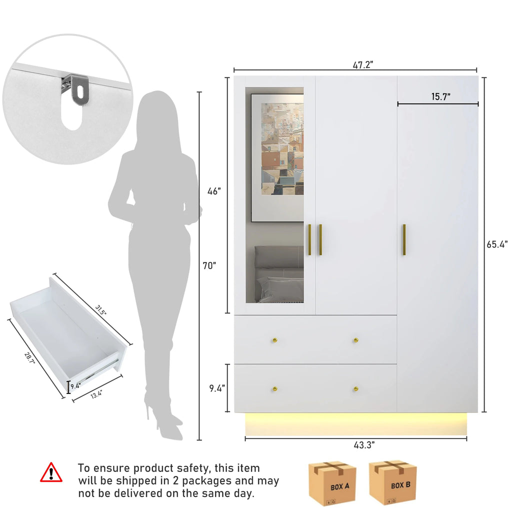 Modern Wooden Armoire Wardrobe Closet with Hanging Rod for Bedroom, 3 Door Wardrobe Closet with Mirror & LED Lights,White