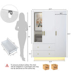 Modern Wooden Armoire Wardrobe Closet with Hanging Rod for Bedroom, 3 Door Wardrobe Closet with Mirror & LED Lights,White
