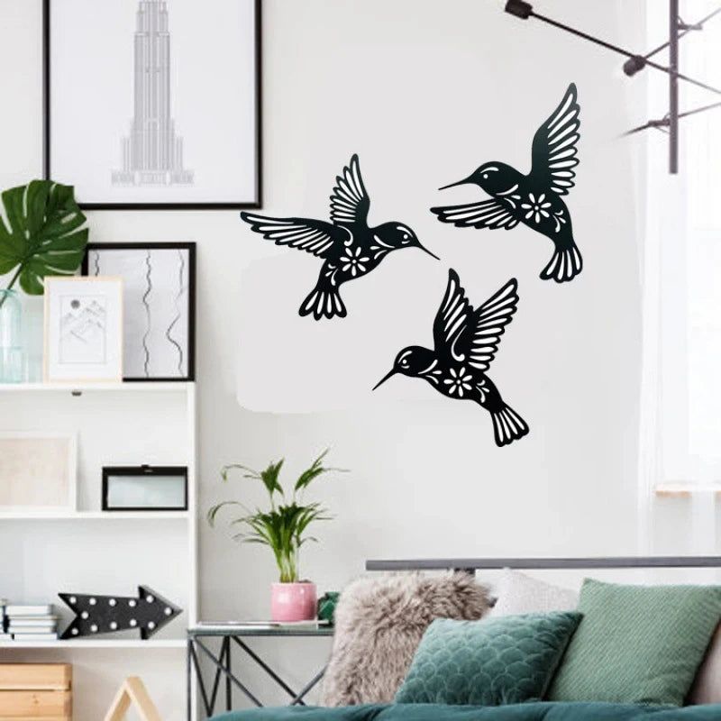 DDPNKL 3Pcs/Set Black Metal Hummingbird Wall Decor Hollow Out Iron Art Bird Sculpture Ornament Waterproof Hanging Figurines