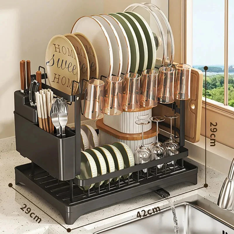 Multifunctional Kitchen Countertop Dish Drying Rack with Chopsticks Knife & Fork Storage Bowl Dish Drainage Organizer Shelf