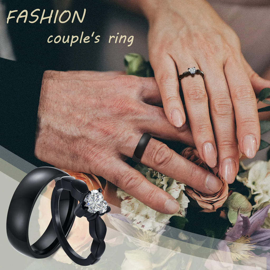 Vnox Romantic Heart CZ Stone Couple Wedding Rings - Black Stainless Steel Engagement Bands for Women & Men | AlluCanFind
