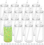 16 oz Plastic Snow Globe Tumbler, 16 Pack Double Wall Snowglobe Tumbler with Pre Drilled Hole, Plastic Mason Jar Cups Can(Clear)