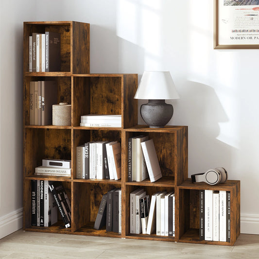 Woltu Vintage Wood Bookcase 6/10 Storage Cubes Bookshelf for Living Room Bedroom Office Freestanding Shelf for Toys Books