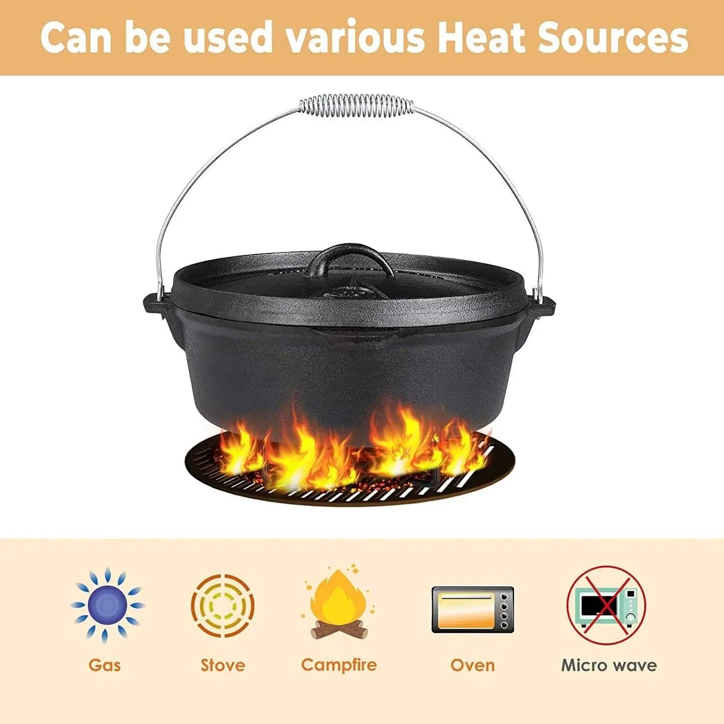 Femor 12 L Dutch Oven Cast Iron BBQ Roaster Fire Pot Cast Pot Grill Casserole For Outdoor And Indoor, Large Capacity