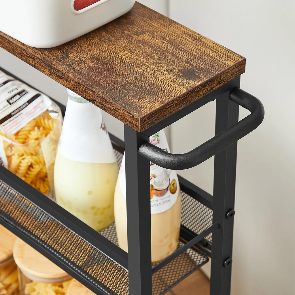 VASAGLE 4-Shelf Trolley, Space-Saving Kitchen Cart with Wheels, Steel Frame, Handle, Trolley for Small Spaces, Kitchen Bathroom