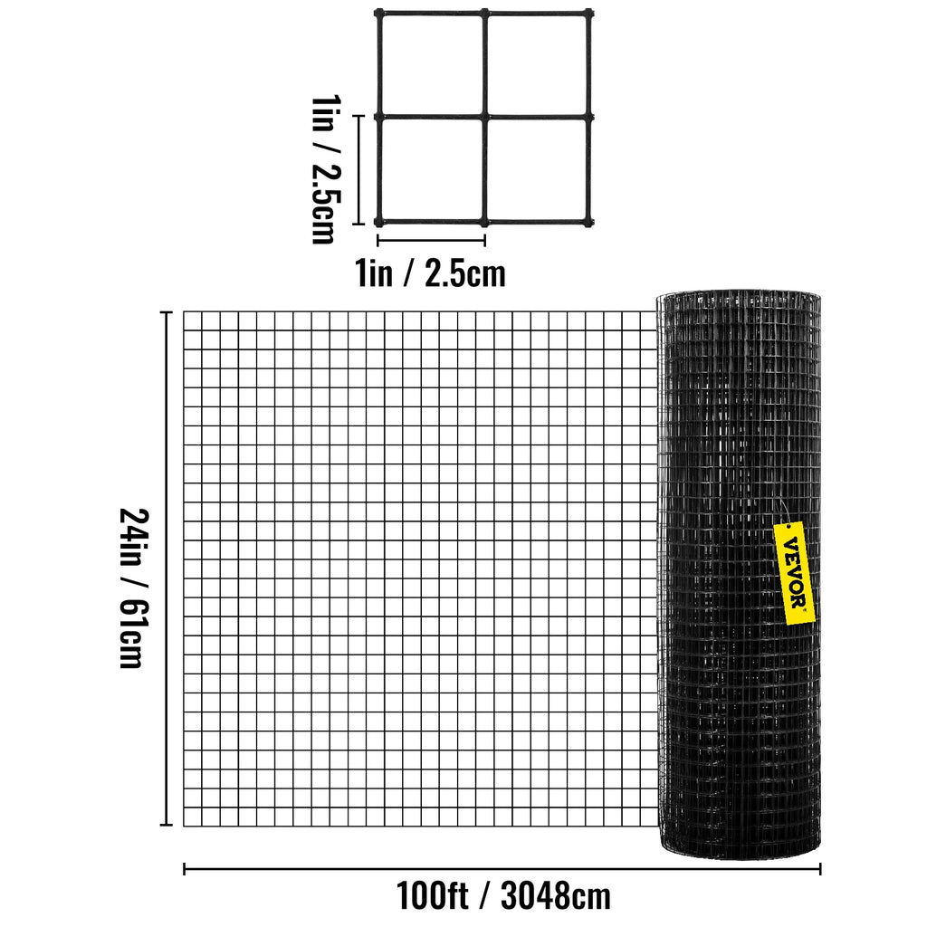 VEVOR Welded Wire Fence Vinyl Coated Chicken Rabbit Mesh 1"x1" 16 Gauge 24"x50'/24"x100'/36"x50' Black Hardware Cloth & Mesh