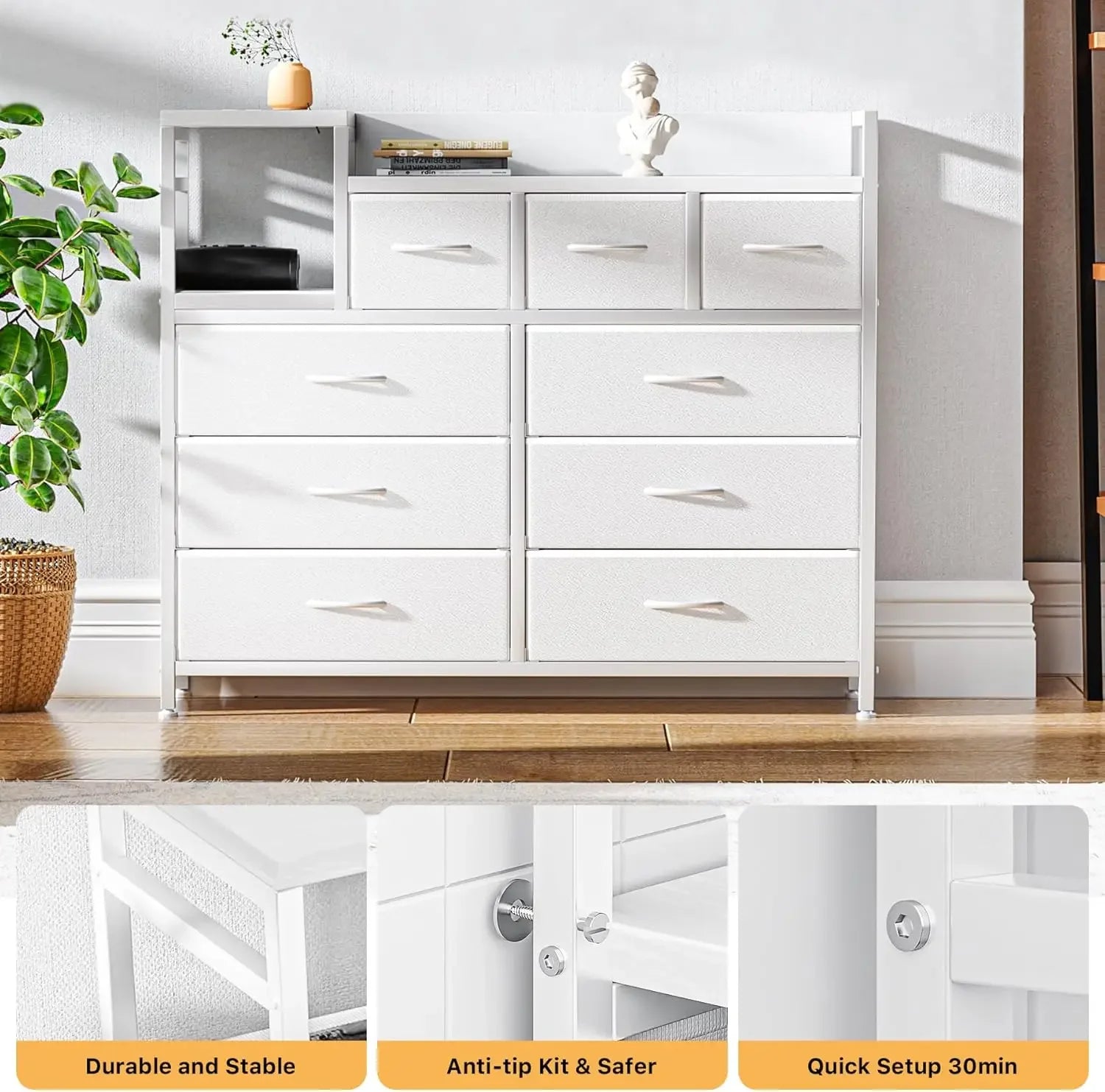 GAOMON Dresser TV Stand with Power Outlet, Bedroom Dresser with 9 Drawers, Chest of Drawers for Living Room, Hallway(White)