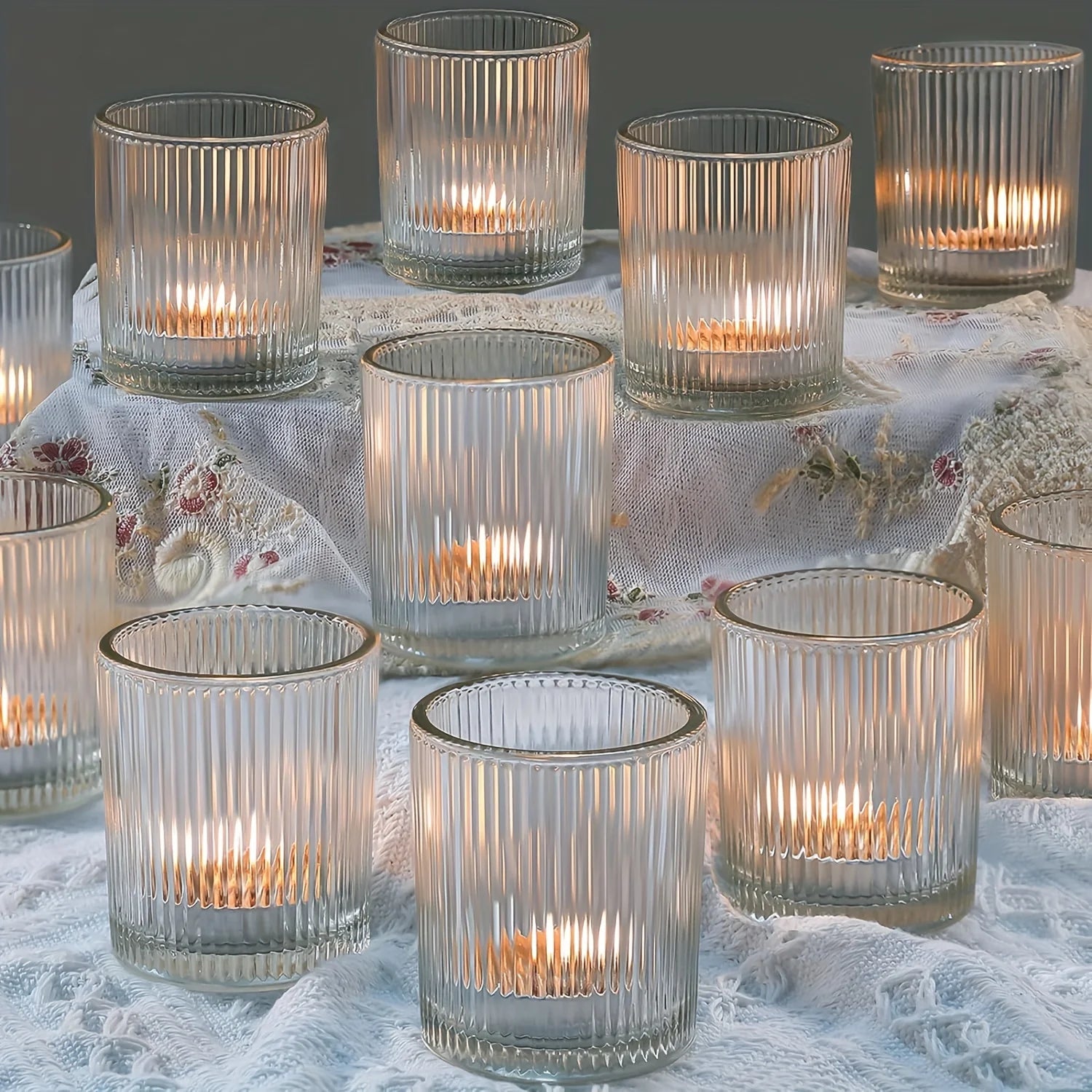 12-piece Candle Holder for Wedding Decoration, Clear Glass Tealight Candlestick, Vintage Striped Tealight Candle Holder