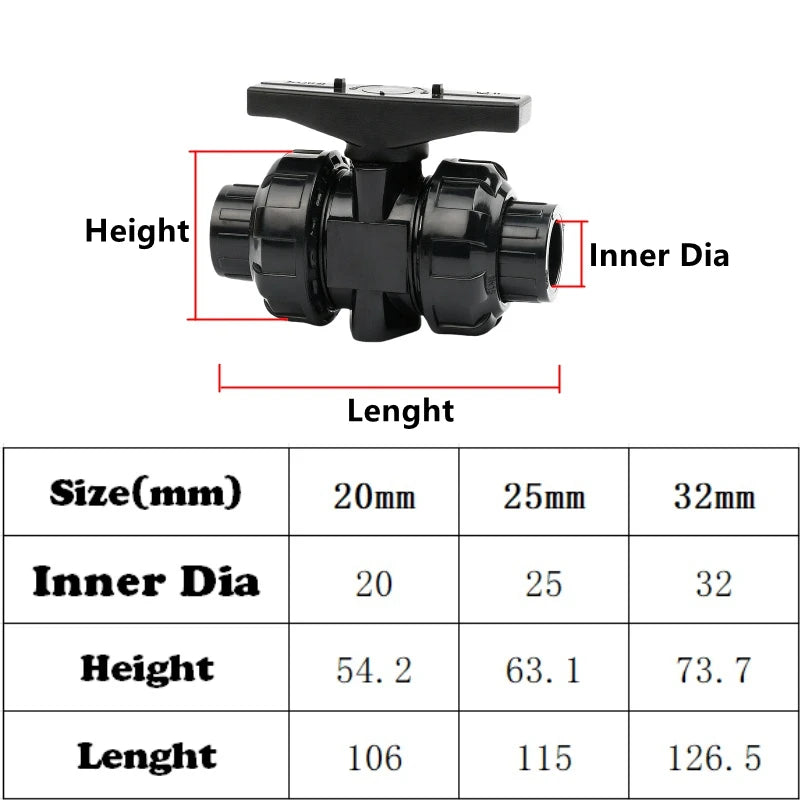 20-63mm Black PVC Pipe Connectors Ball valve Three-way Direct Garden Water Aquarium Fish Tank Drainage Tube Fittings Accessories