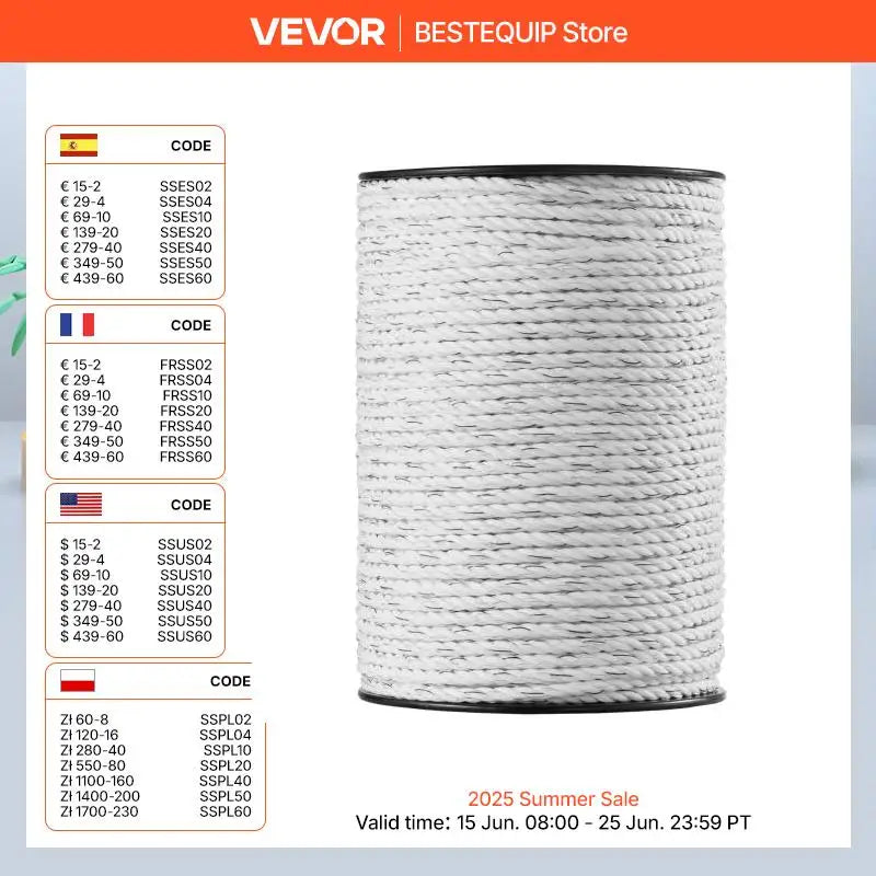 VEVOR Electric Fence Wire Portable Polywire 6 Stainless Steel Strands for Reliable Conductivity and UV Fence Rope Line for Horse