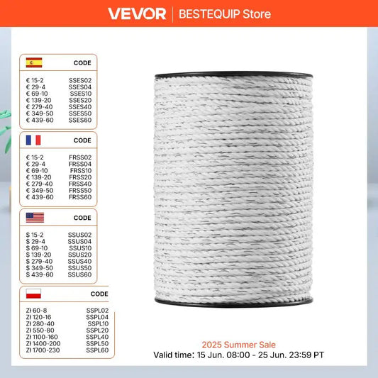 VEVOR Electric Fence Wire Portable Polywire 6 Stainless Steel Strands for Reliable Conductivity and UV Fence Rope Line for Horse