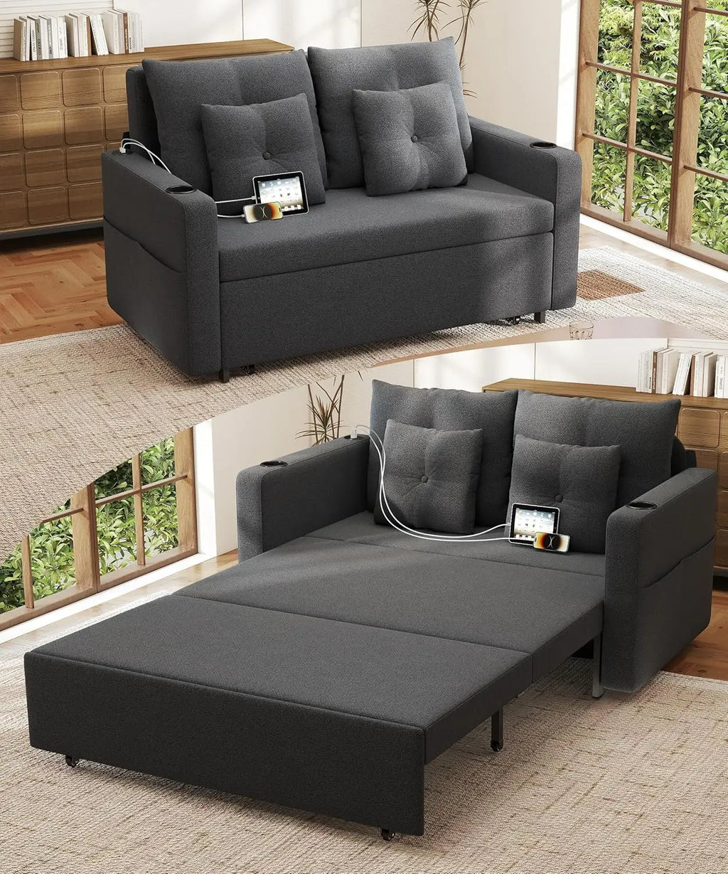 3-in-1 56" Convertible Sofa Bed: Loveseat Sleeper with Cup Holders, USB – Living Room, Bedroom, Apartment