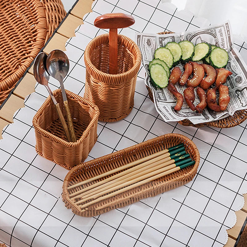 Imitation Rattan Hotel Restaurant Knife And Fork Basket Chopstick Storage Box Seasoning Jar Basket Kitchen Storage Rack