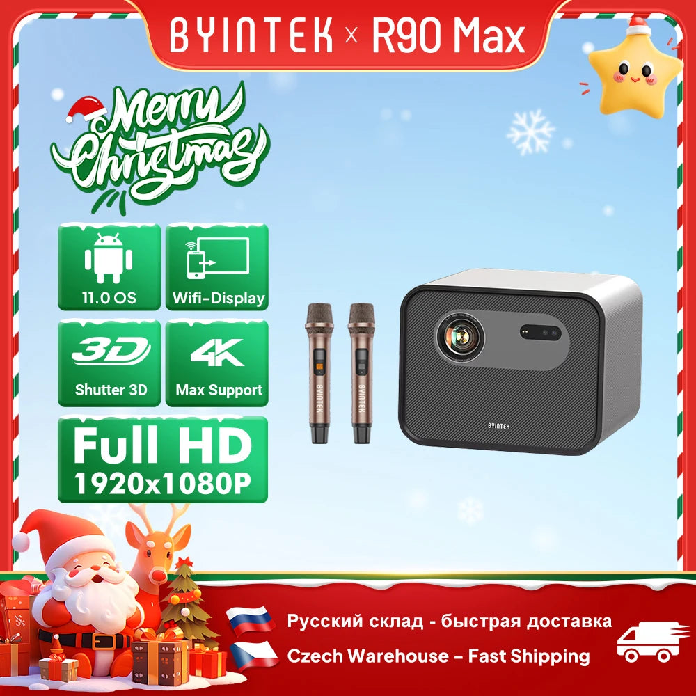 BYINTEK R90 Max 4K Projector Full HD 1080P 2200 Anis Lumens Android 11.0 WiFi 6 Auto Focus Video Home Movie Theater Projectors