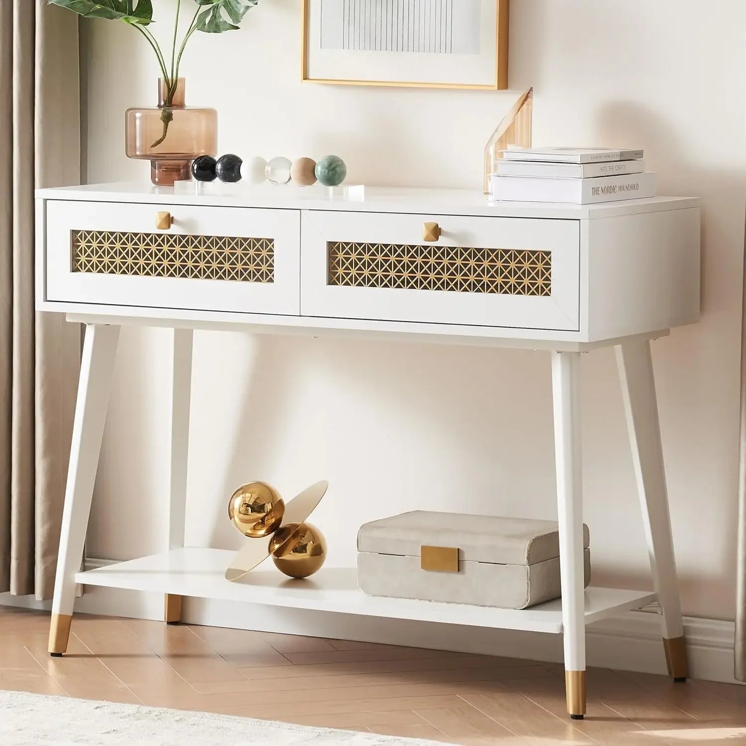 Mid Century Modern Console Table with 2 Drawers and Open Shelf, Narrow Wood Entryway Table for Living Room, Hallway,Bedroom