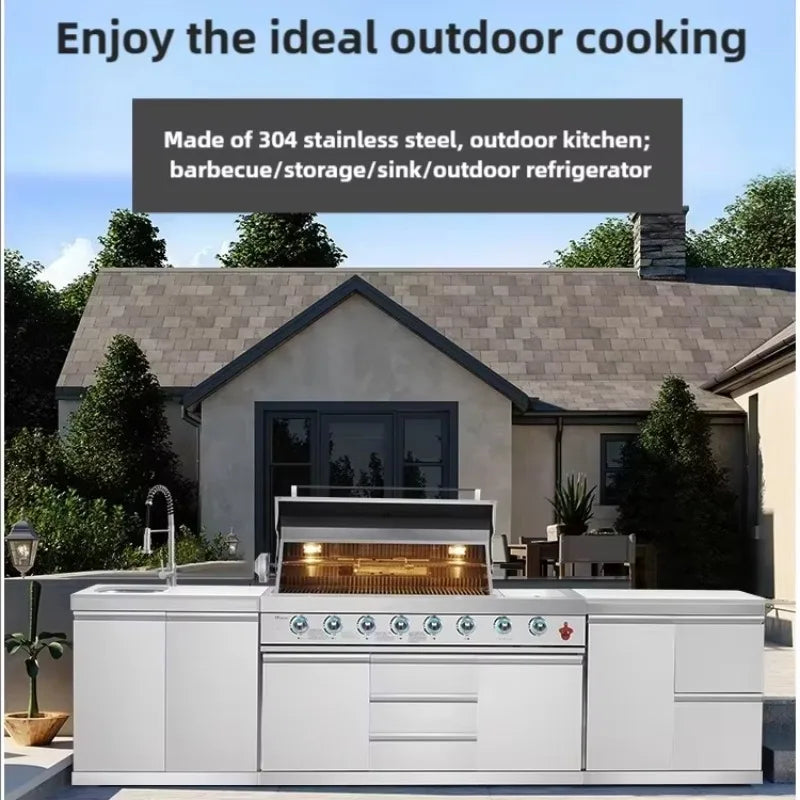 Customized Luxurious Outdoor Modular Kitchen with Stainless Steel BBQ Oven Fridge Trash Can for Courtyard Camping