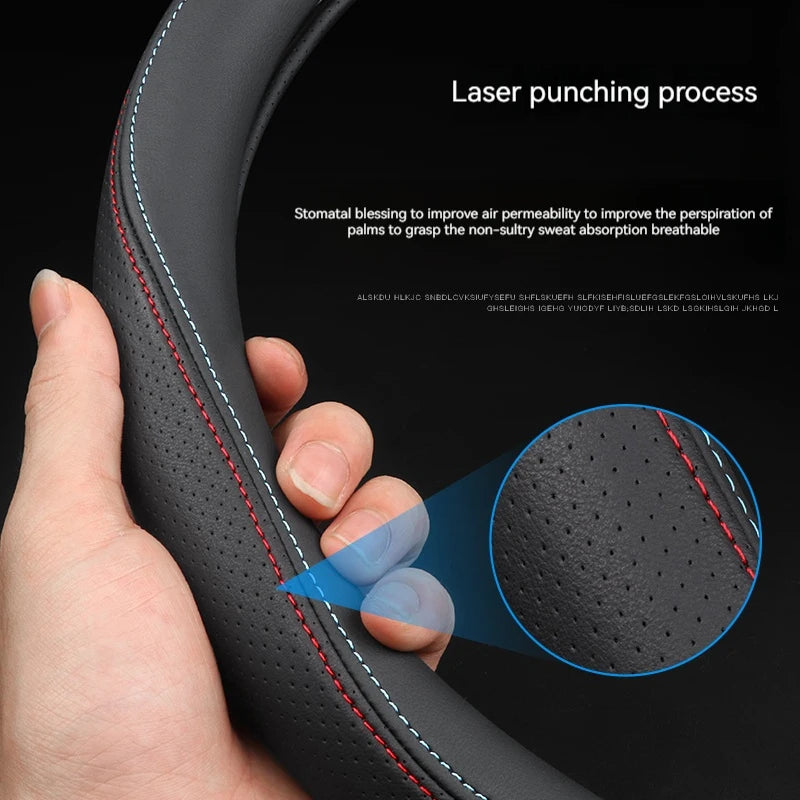 Full Leather Cover for All Seasons Auto Steering Wheel Cover Ultra-Thin Non-Slip Round Breathable Car Steering Wheel Protector