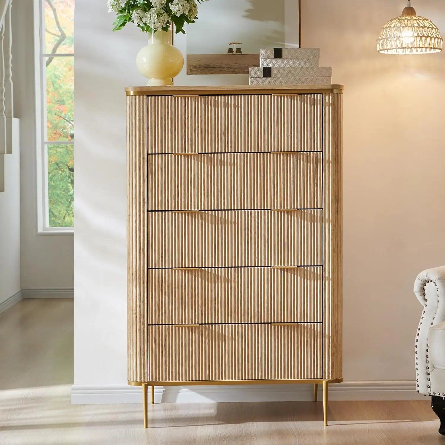 Fluted 5 Drawers Dresser for Bedroom,48" Tall Modern Dresser Chest of Drawers, Gold Accents,Fluted Fronts,Wood Storage Dressers