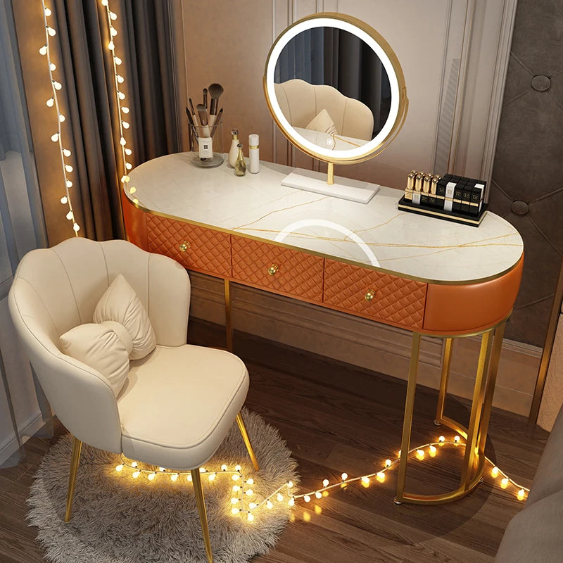 Nordic vanity chair white bedroom LED light Dresser storage cabinet makeup Dressing table light mirror stool bedroom furniture