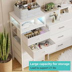White Dresser with 5 Drawers Tall Nightstand with Charging Station and LED Light, Bedside Table Room Storage Drawers Closet