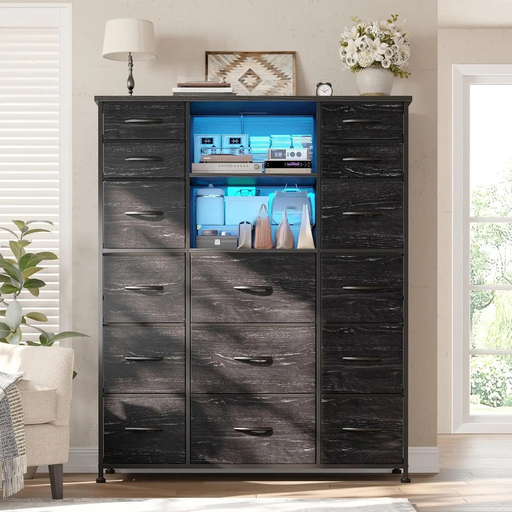 51" H Tall Dresser with 15 Drawers Dresser for Bedroom with Charging Station & LED Lights & Hutch Sturdy Black Bedroom Dressers
