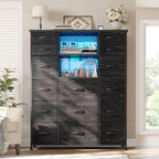 51" H Tall Dresser with 15 Drawers Dresser for Bedroom with Charging Station & LED Lights & Hutch Sturdy Black Bedroom Dressers