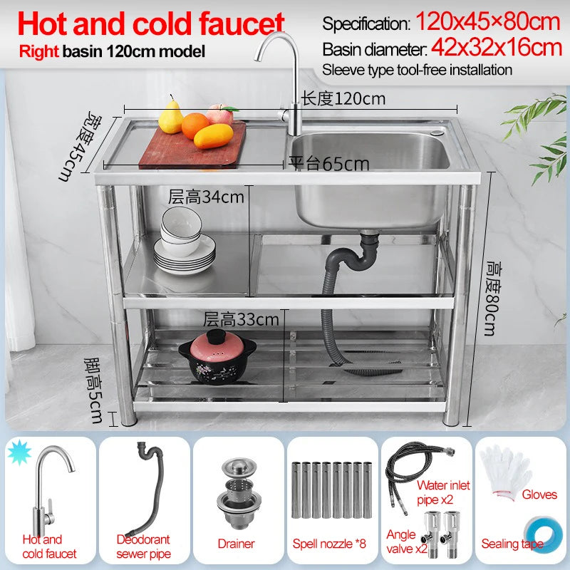 Stainless Steel Sink Kitchen Household Thickened Single Trough with Bracket Wash Basin Sink with Platform Easy Landing