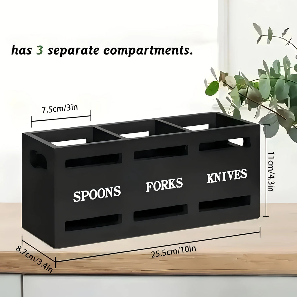 Wooden Silverware Utensil Holder with 3 Compartments, Kitchen Countertop Cutlery Organizer, Each Kitchen Chopstick and Spoon Org