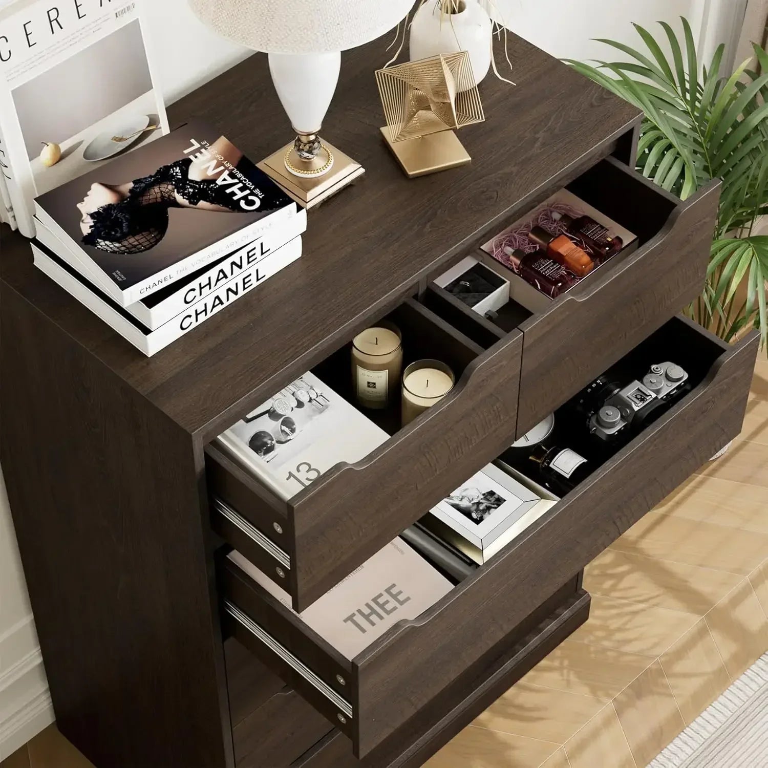Modern 6 Drawer Dresser for Bedroom, Tall Chest of Drawers with Storage, Large Wood Storage Chest Organizer with Cut-Out Handle