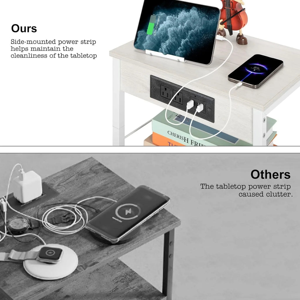 3-Tier Charging Nightstand w/3 USB & Outlets - Bedside Table with Storage Shelf for Bedroom/Dorm/Office, White
