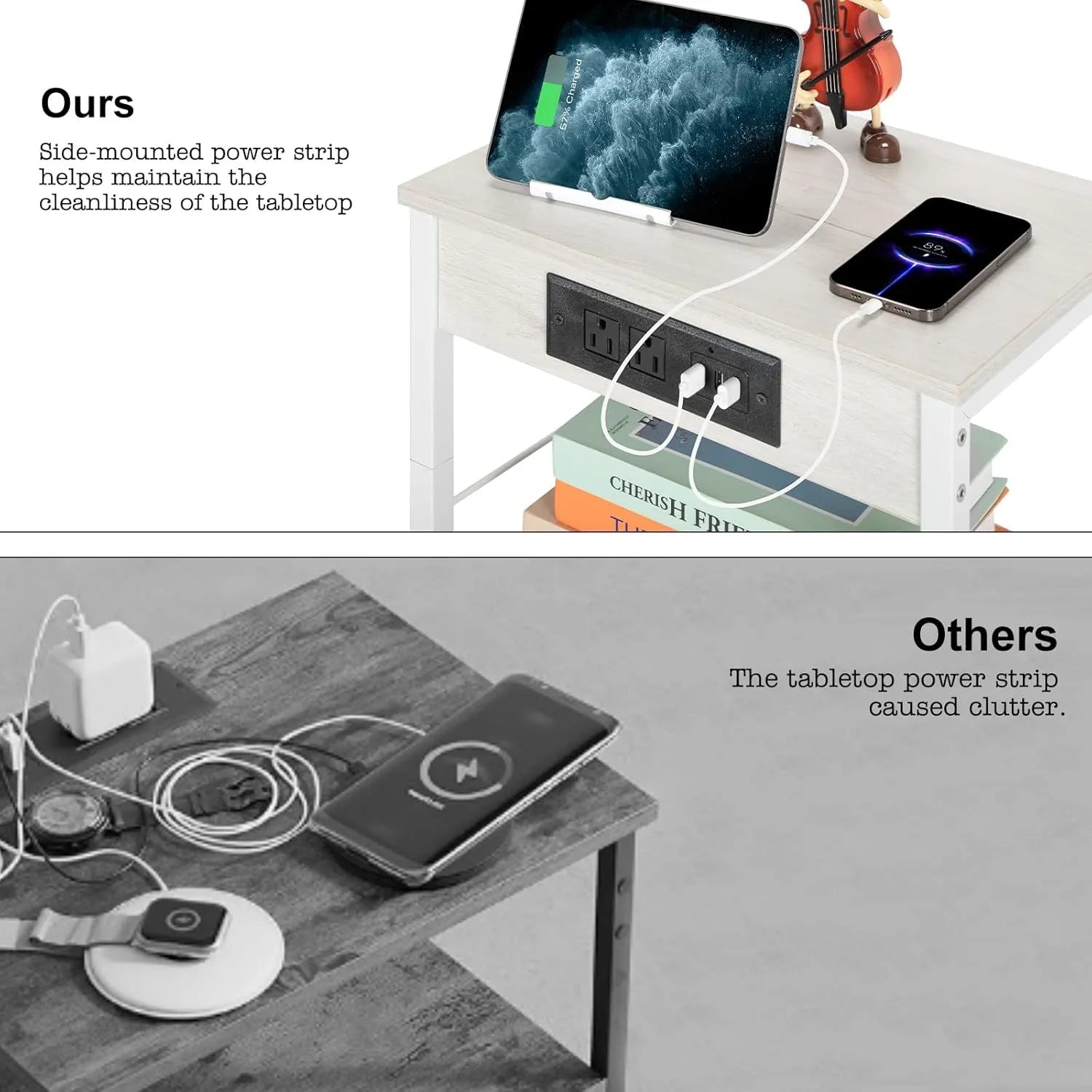 3-Tier Charging Nightstand w/3 USB & Outlets - Bedside Table with Storage Shelf for Bedroom/Dorm/Office, White