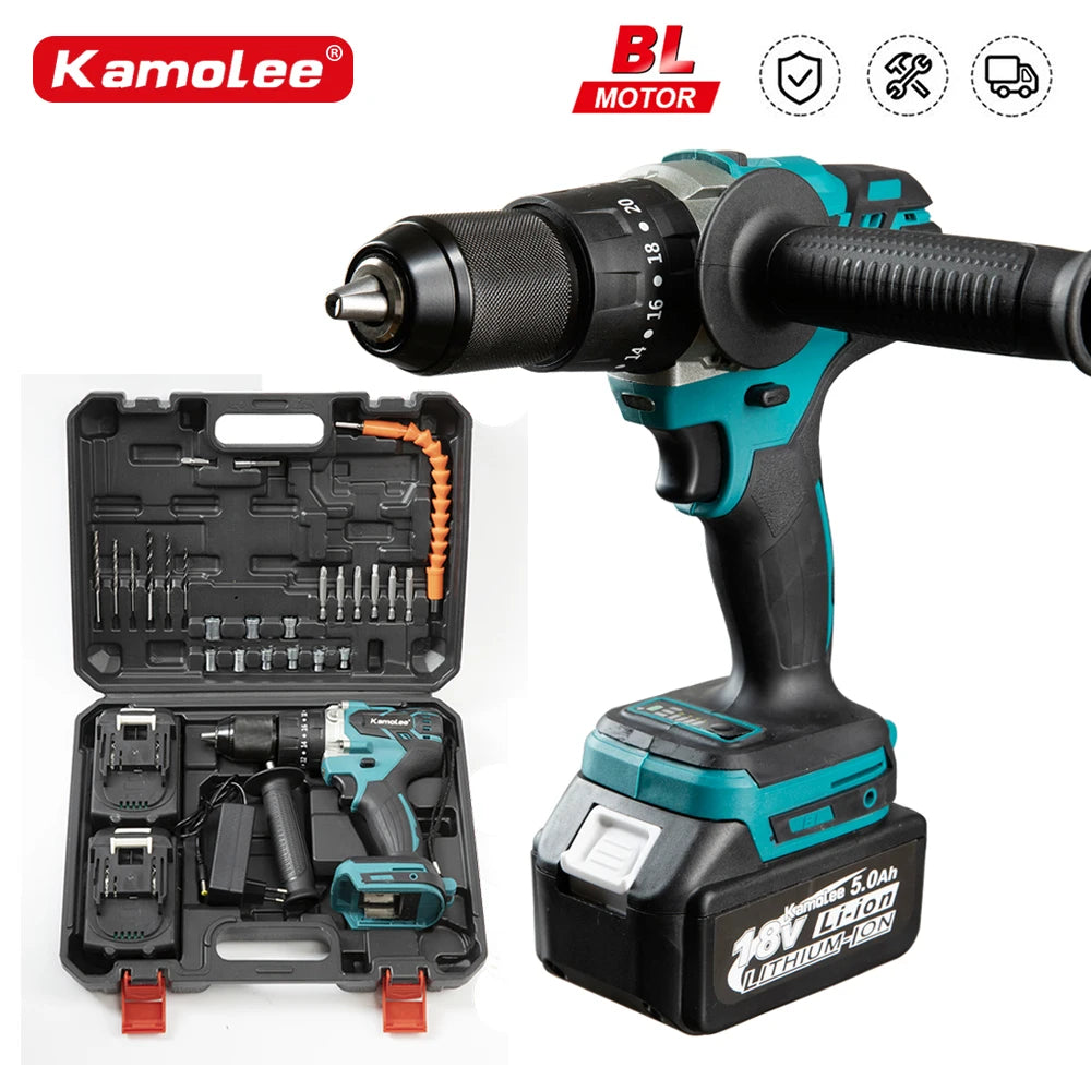 Kamolee 13MM New Brushless Electric Impact Drill Cordless Screwdriver Lithium Battery Charging Hand Drill For Makita 18V Battery