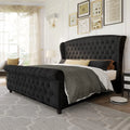 Queen Size Platform Bed Frame, Velvet Upholstered Sleigh Bed with Scroll Wingback Headboard Footboard/Button TuftedBlack