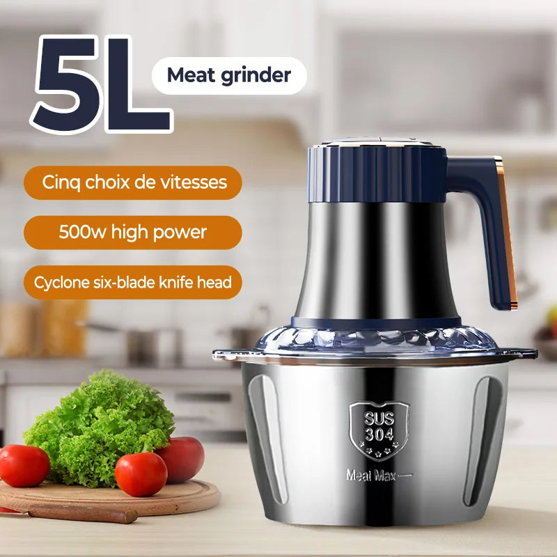 500W 5L Electric Meat Grinder & Food Chopper, 40000RPM Stainless Steel Multi-Functional Vegetable Slicer Processor with 5 Speeds