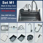 Stainless Steel Kitchen Sink with Faucet Digital Display Large Single Bowl Waterfall Rain 5 Functions System Dish Basin Sink