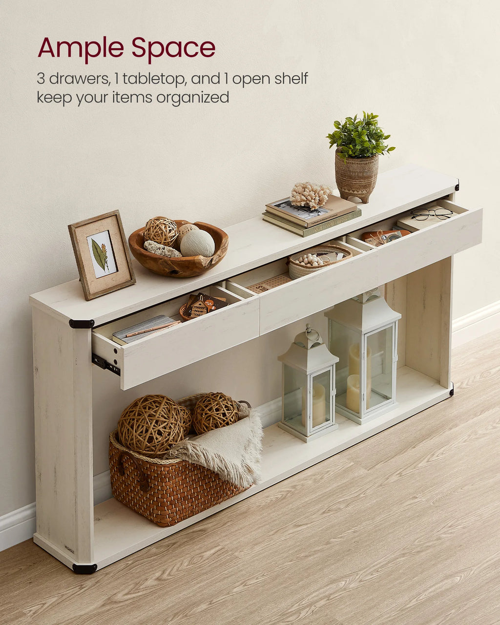 VASAGLE Console Table, 63 Inches Sofa Table, Narrow Entryway Table, Entry Table with 3 Drawers, Bottom Shelf, Metal Corners