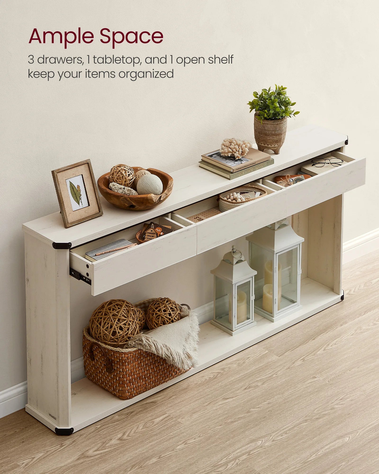 VASAGLE Console Table, 63 Inches Sofa Table, Narrow Entryway Table, Entry Table with 3 Drawers, Bottom Shelf, Metal Corners